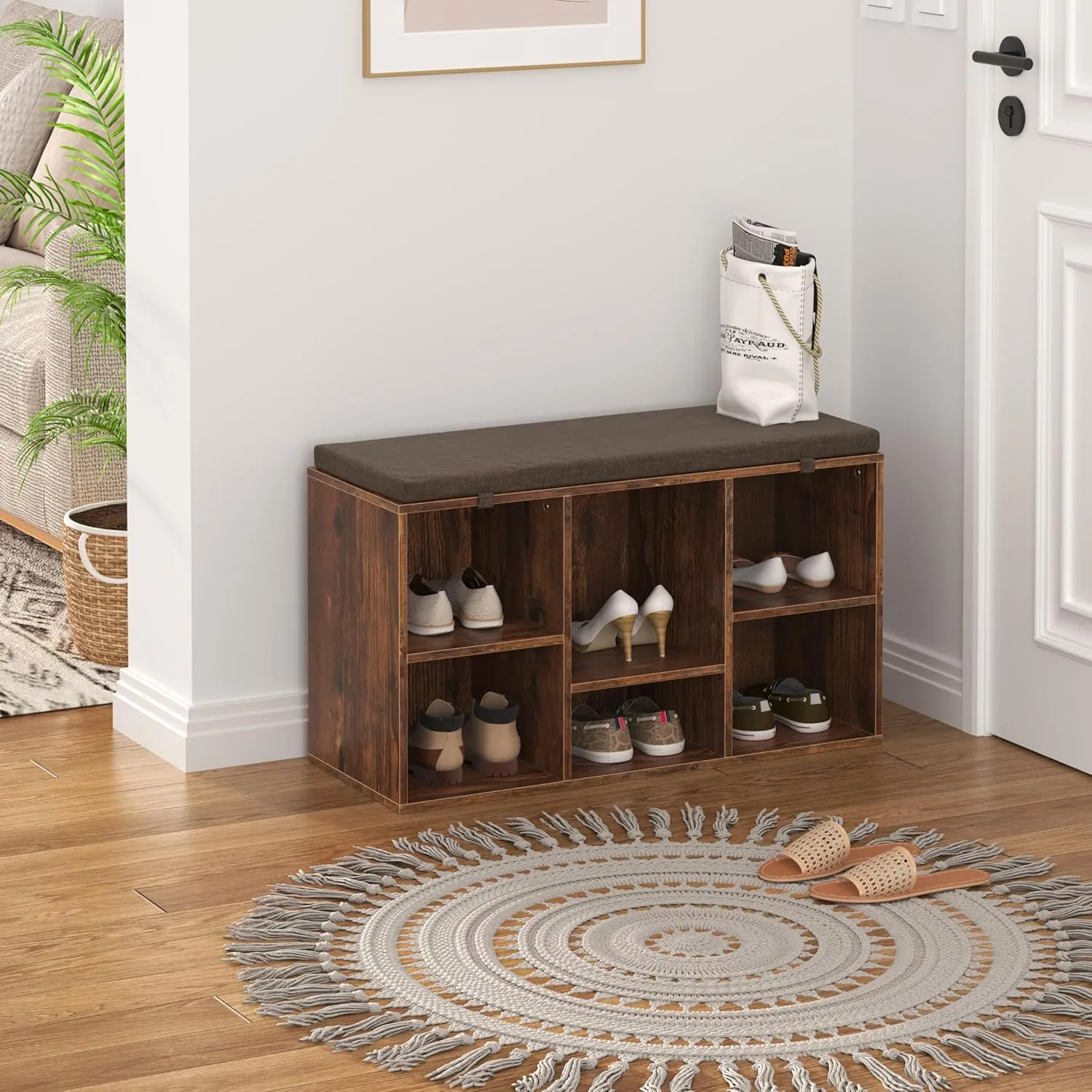 Shoe Storage Bench, 6 Cubbies Shoe Rack Bench with Padded Seat, Space Saving Shoe Shelf for Entryway, Living Room, Hallway, Bedroom