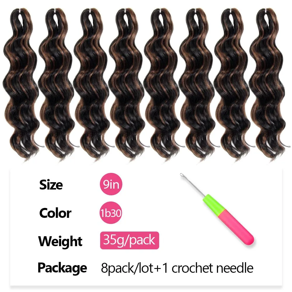 Short Ocean Wave Crochet Hair 9 Inch 8 Packs Water Wave Crochet Hair Synthetic Wavy Crochet Braids P1B/30(Mix Black/Dark Brown)