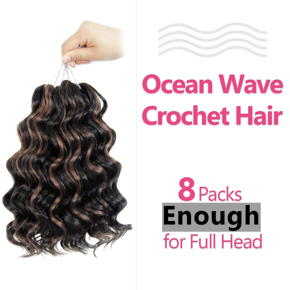 Short Ocean Wave Crochet Hair 9 Inch 8 Packs Water Wave Crochet Hair Synthetic Wavy Crochet Braids P1B/30(Mix Black/Dark Brown)