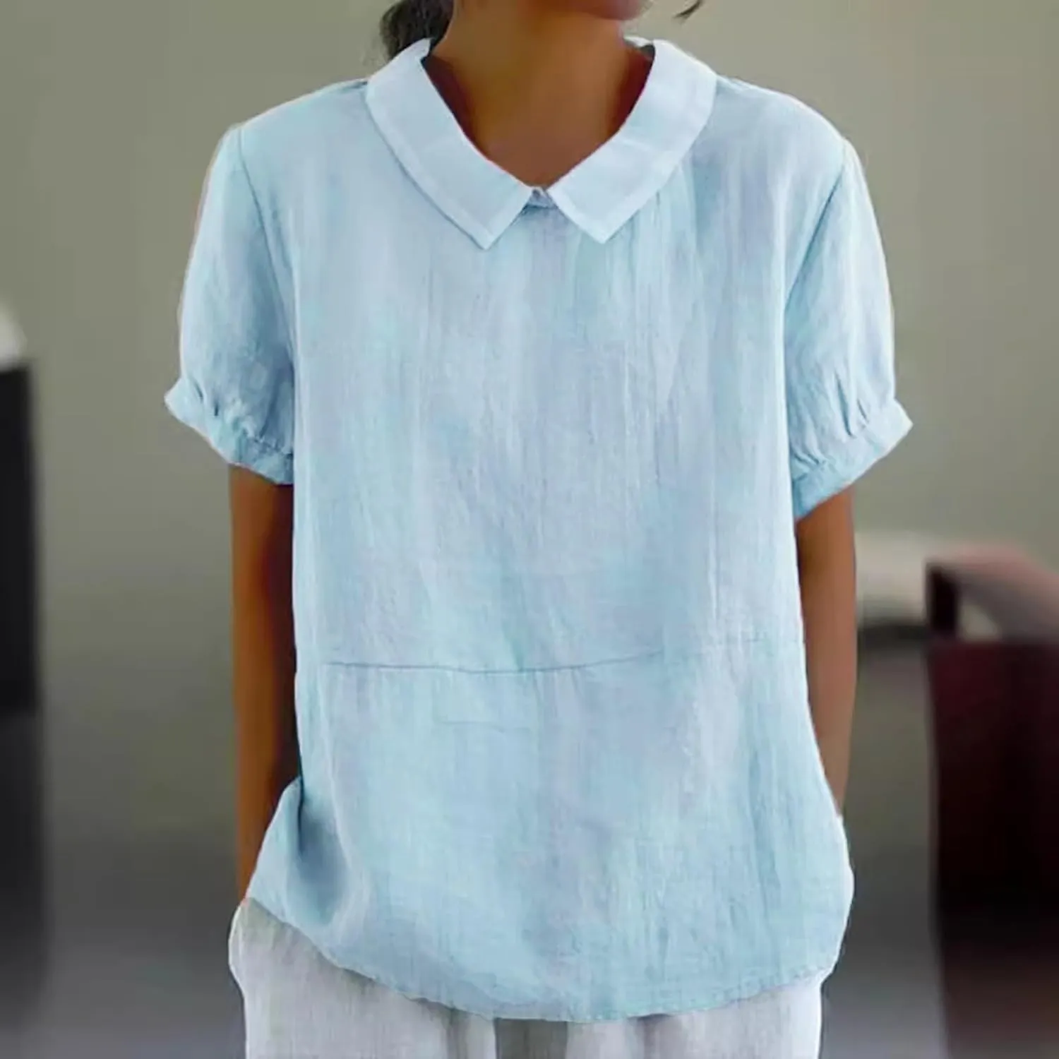 Short Sleeve Linen Shirts for Women Eyelet Summer Tops Casual Loose Blouses Gauze T-Shirts Collar Neck Basic Tee