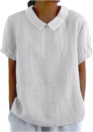 Short Sleeve Linen Shirts for Women Eyelet Summer Tops Casual Loose Blouses Gauze T-Shirts Collar Neck Basic Tee