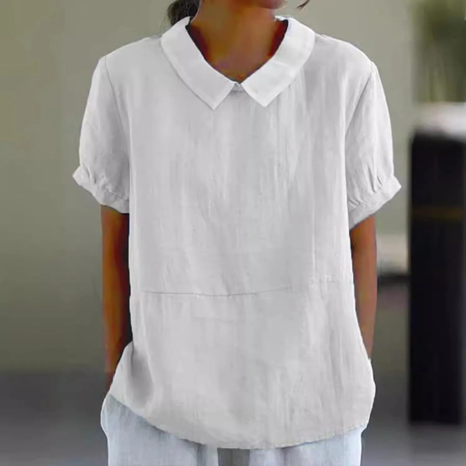 Short Sleeve Linen Shirts for Women Eyelet Summer Tops Casual Loose Blouses Gauze T-Shirts Collar Neck Basic Tee