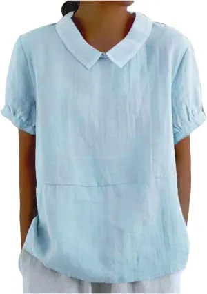 Short Sleeve Linen Shirts for Women Eyelet Summer Tops Casual Loose Blouses Gauze T-Shirts Collar Neck Basic Tee