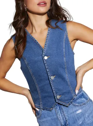 Sidefeel Women's Denim Vest Sleeveless V Neck Zimbaplatinum Jean Vest Top Button Down Crop Waistcoat Vest Summer Outfit