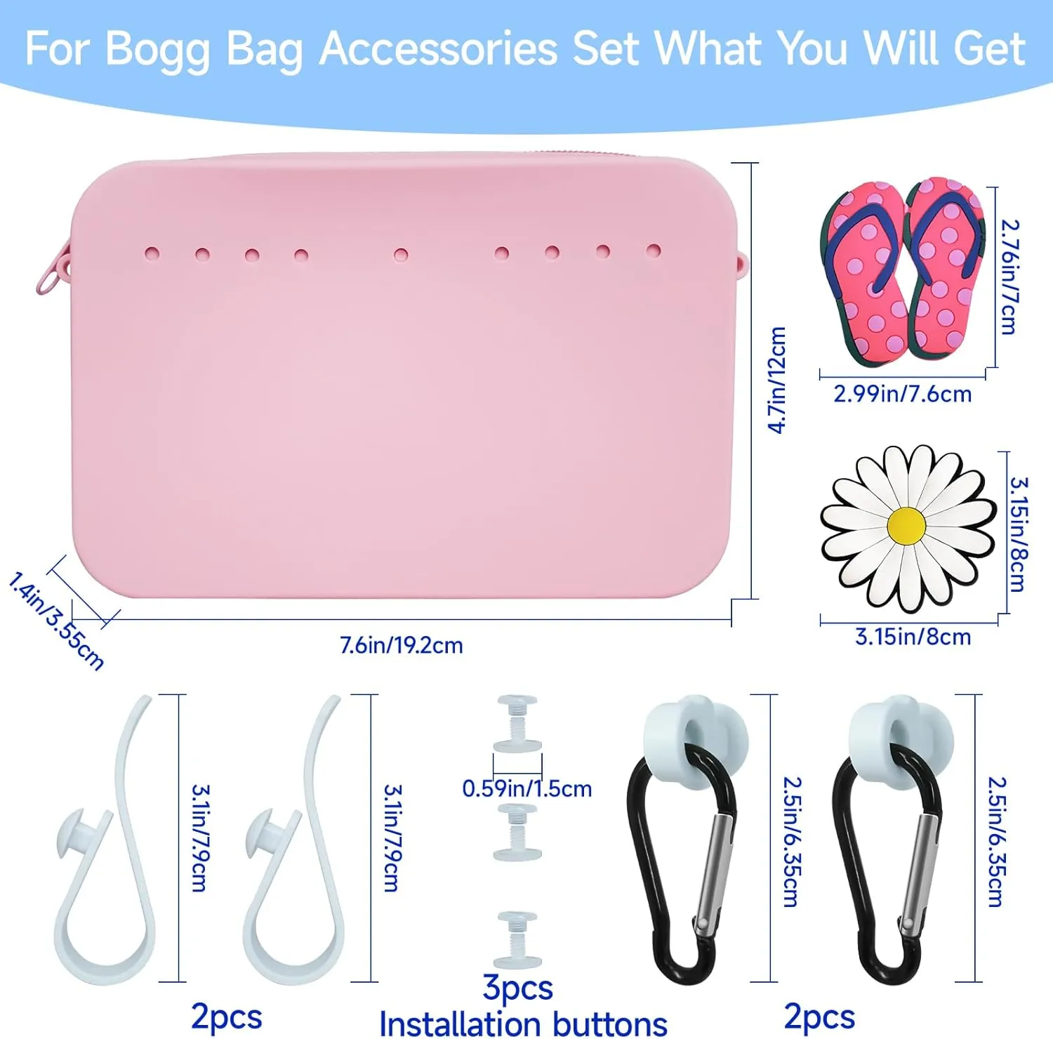 Silicone Phone Holder for Bogg Beach Bag Accessories, Daisy Slipper Charms, Organizer Wallet Pouch with Zipper, 4pcs Hooks Clips Set (Pink)