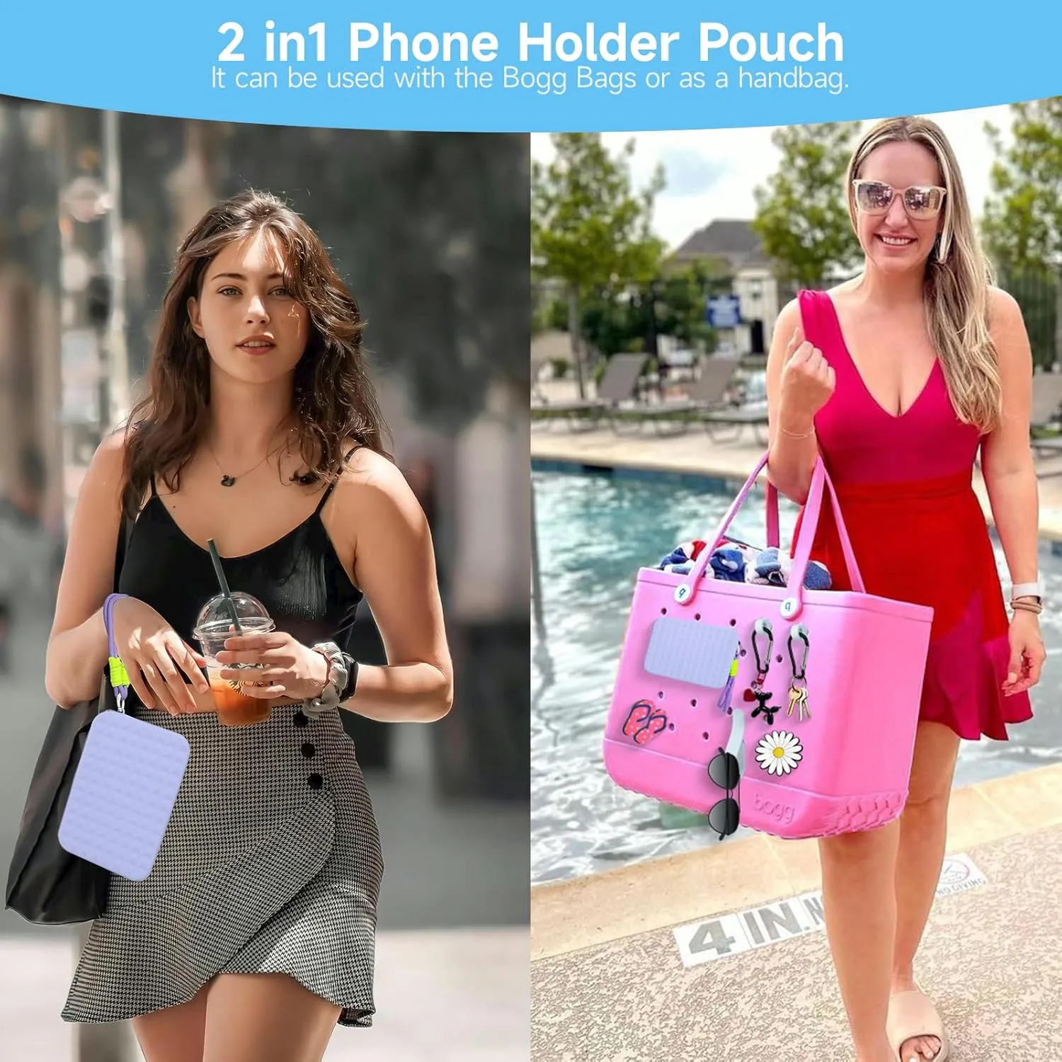 Silicone Phone Holder for Bogg Beach Bag Accessories, Daisy Slipper Charms, Organizer Wallet Pouch with Zipper, 4pcs Hooks Clips Set (Pink)
