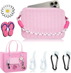 Silicone Phone Holder for Bogg Beach Bag Accessories, Daisy Slipper Charms, Organizer Wallet Pouch with Zipper, 4pcs Hooks Clips Set (Pink)
