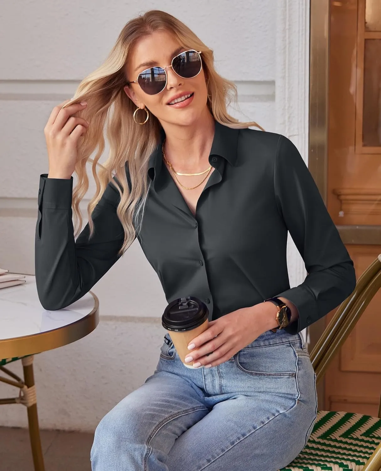 siliteelon Button Down Shirts for Women Slim fit Long Sleeve Stretch Dress Shirts Work Shirt Wrinkle Free Office Blouses