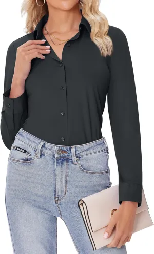 siliteelon Button Down Shirts for Women Slim fit Long Sleeve Stretch Dress Shirts Work Shirt Wrinkle Free Office Blouses