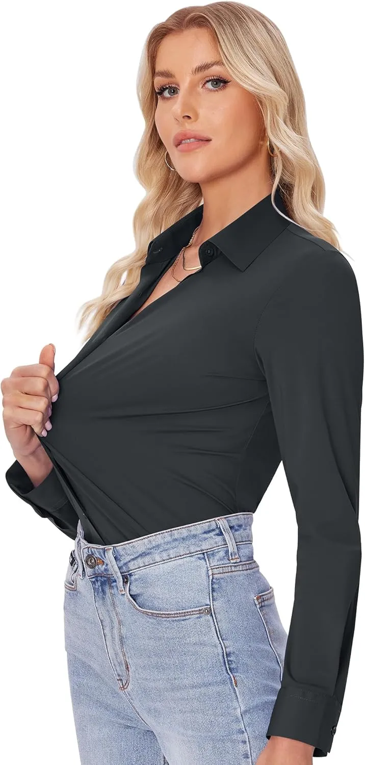 siliteelon Button Down Shirts for Women Slim fit Long Sleeve Stretch Dress Shirts Work Shirt Wrinkle Free Office Blouses