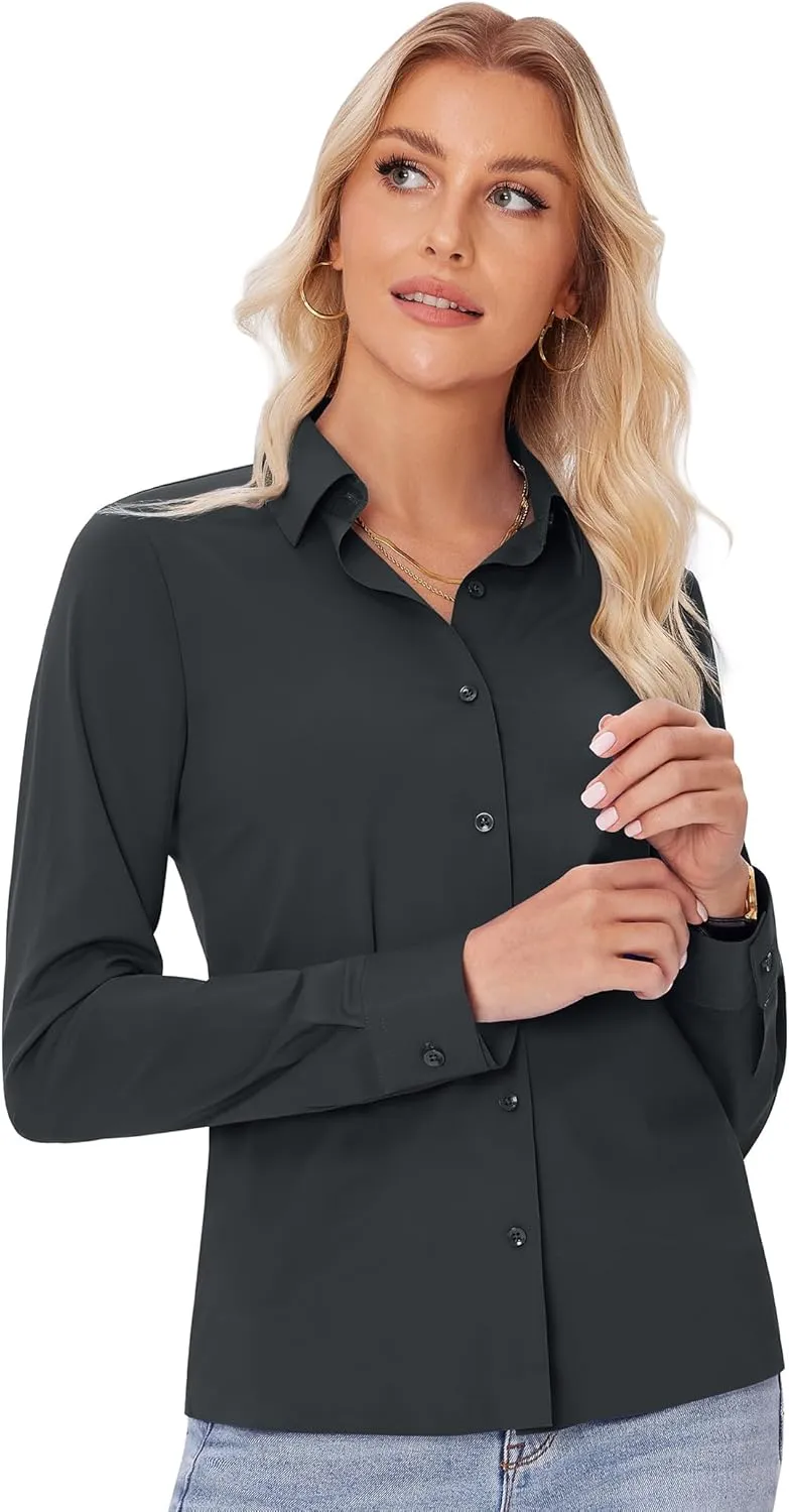 siliteelon Button Down Shirts for Women Slim fit Long Sleeve Stretch Dress Shirts Work Shirt Wrinkle Free Office Blouses