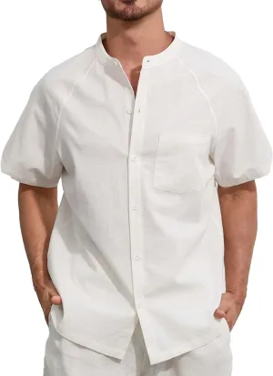 SILKWORLD Men's Cotton Linen Button Down Henley Shirts Short Sleeve Summer Hawaiian Shirts with Pocket