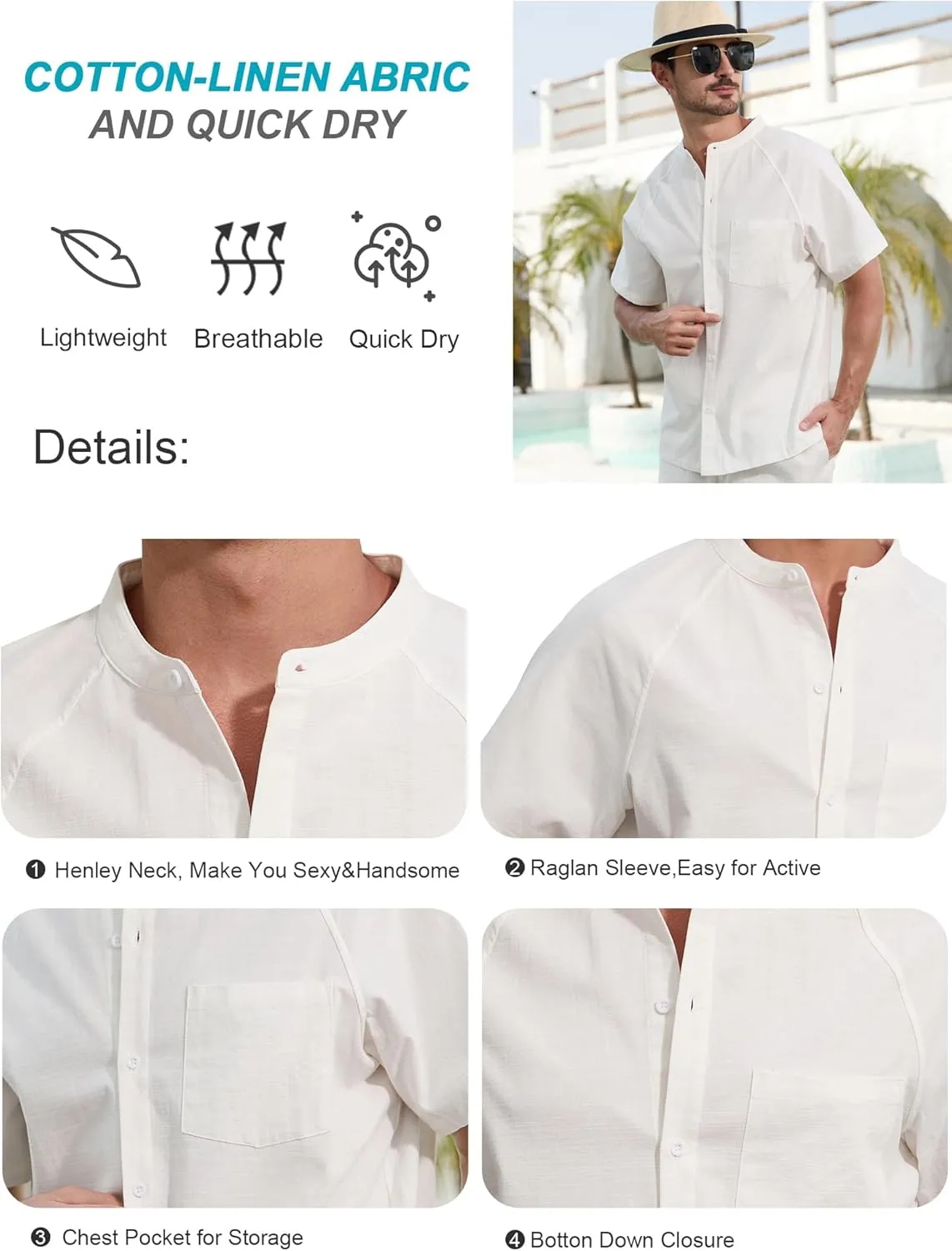 SILKWORLD Men's Cotton Linen Button Down Henley Shirts Short Sleeve Summer Hawaiian Shirts with Pocket