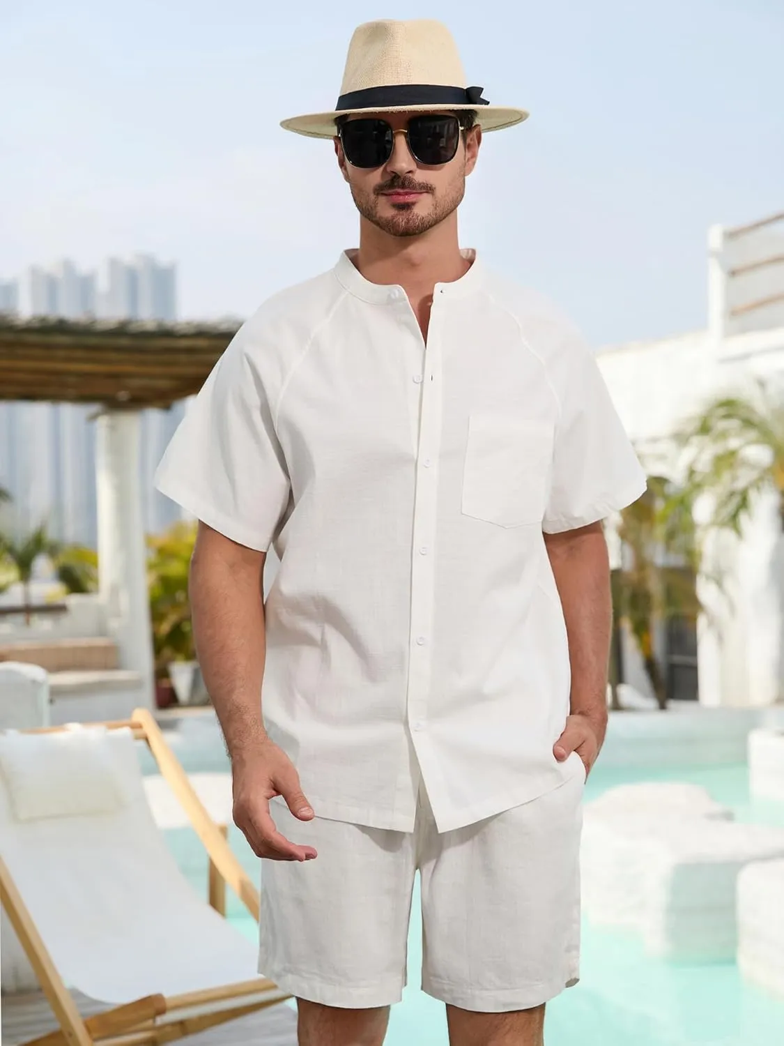 SILKWORLD Men's Cotton Linen Button Down Henley Shirts Short Sleeve Summer Hawaiian Shirts with Pocket