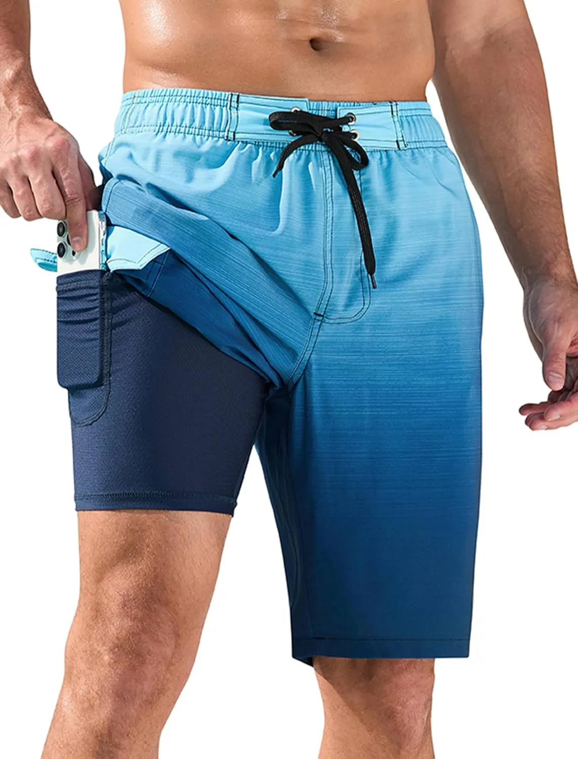 SILKWORLD Mens Swim Trunks with Compression Liner Quick-Dry 10" Stretch Beach Shorts