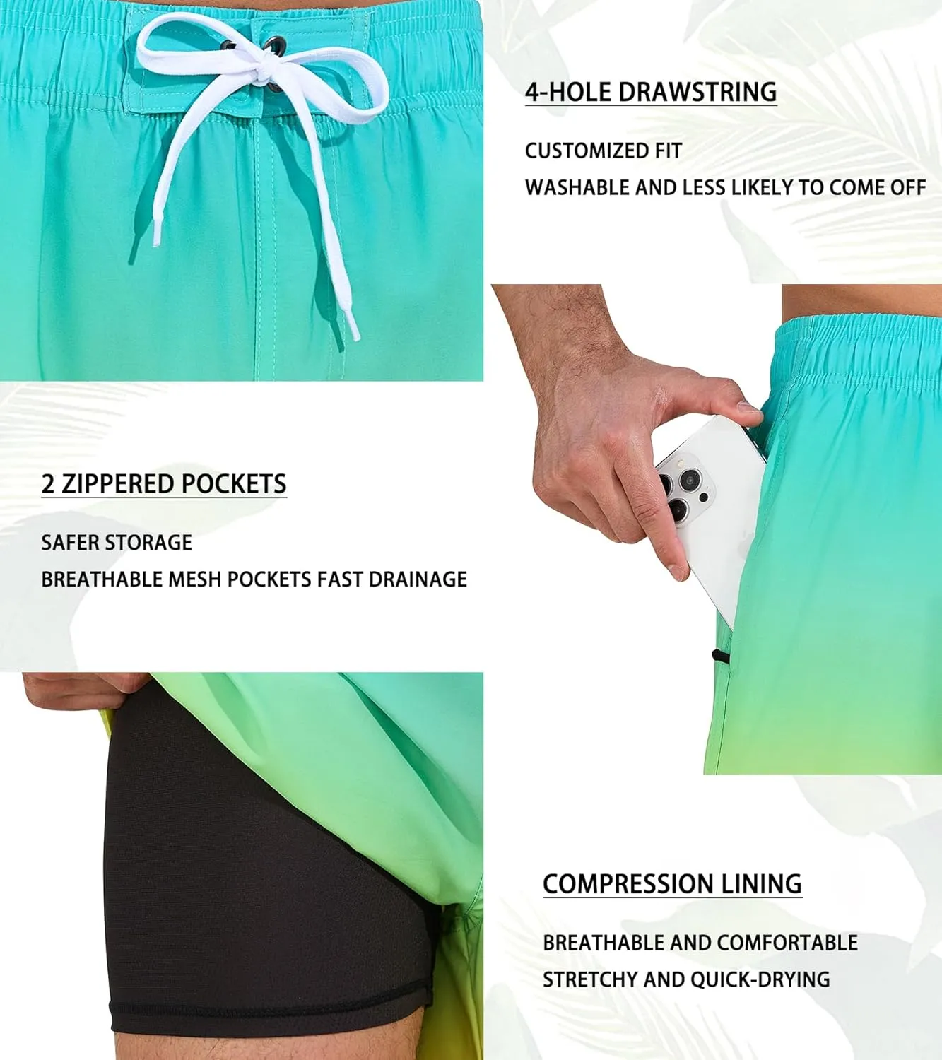 SILKWORLD Mens Swimming Trunks 2 in 1 Quick Dry Bathing Suit Elastic Waist Beach Shorts with Zipper Pockets