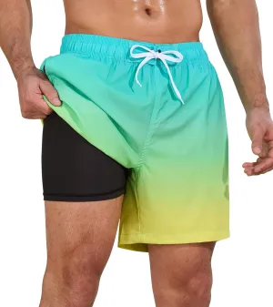 SILKWORLD Mens Swimming Trunks 2 in 1 Quick Dry Bathing Suit Elastic Waist Beach Shorts with Zipper Pockets