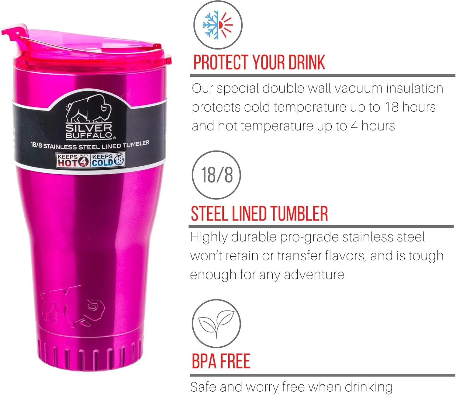 Silver Buffalo Double Walled Vacuum Insulated Stainless Steel Tumbler With Flip Top Lid Keeps Hot and Cold, Travel Coffee Mug Leakproof Lid, 30 Ounces, Classic Pink