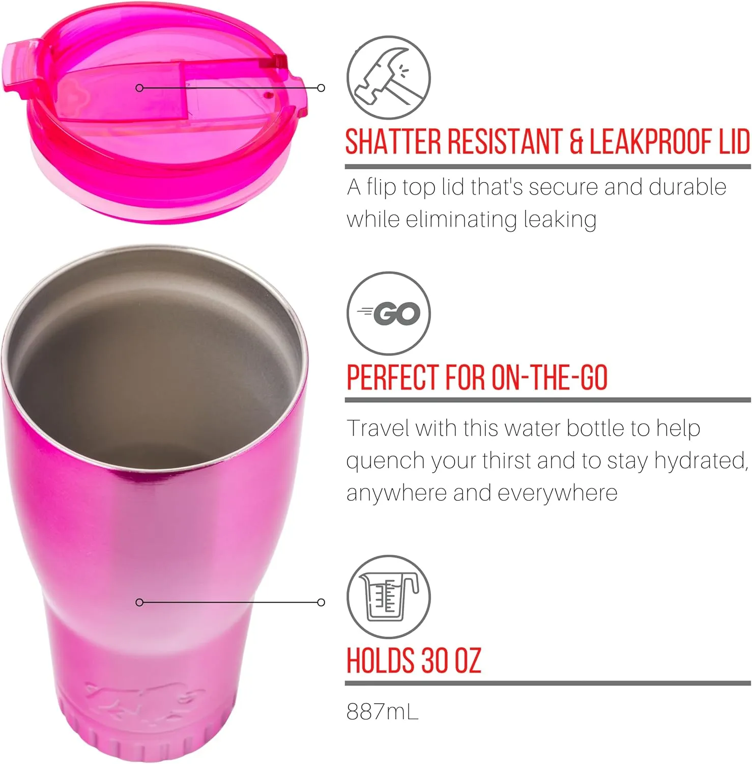 Silver Buffalo Double Walled Vacuum Insulated Stainless Steel Tumbler With Flip Top Lid Keeps Hot and Cold, Travel Coffee Mug Leakproof Lid, 30 Ounces, Classic Pink