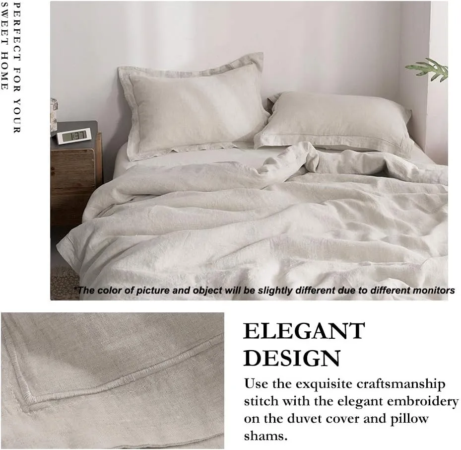 Simple&Opulence 100% Linen Duvet Cover Set with Embroidery Washed - 3 Pieces (1 Duvet Cover with 2 Pillow Shams) with Button Closure Soft Breathable Farmhouse - Linen, King Size