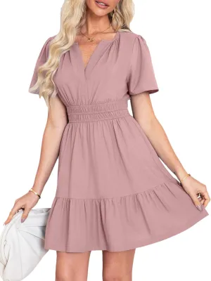 Simplee Women's Summer Beach Wedding Linen Mini Dress Casual Short Sleeve V Neck Empire Waist Flowy Boho Sundress