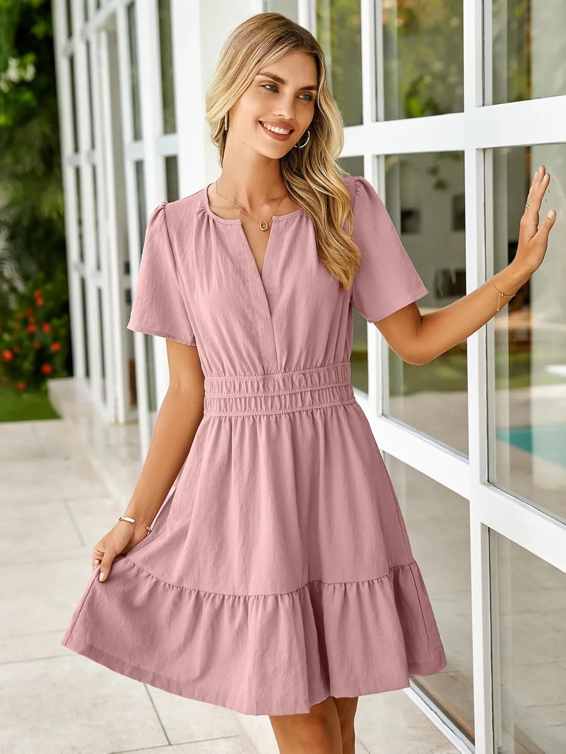 Simplee Women's Summer Beach Wedding Linen Mini Dress Casual Short Sleeve V Neck Empire Waist Flowy Boho Sundress