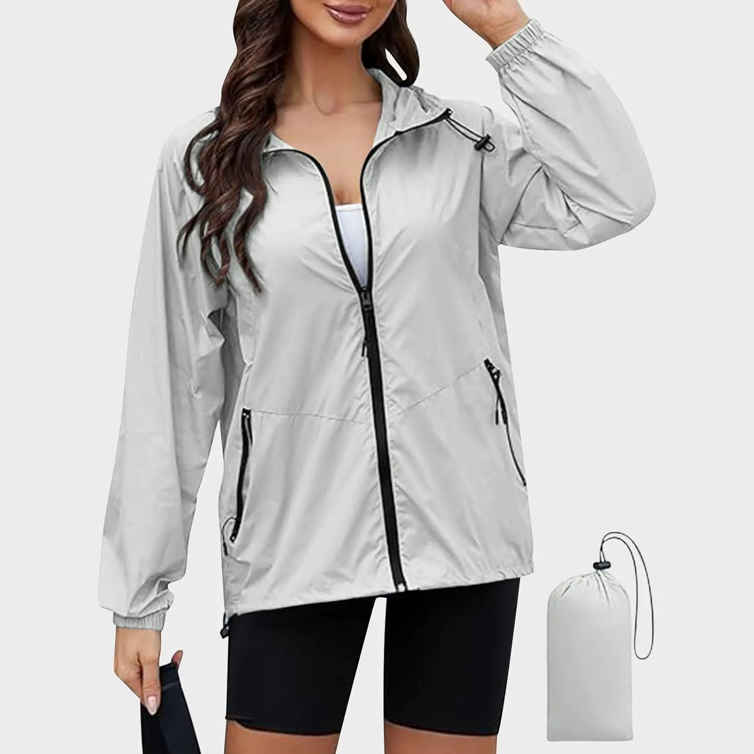 Sinzelimin Women Rain Jacket Lightweight Zip up Long Sleeves Hooded Windbreaker Jackets Raincoat with Pockets and Storage Bag