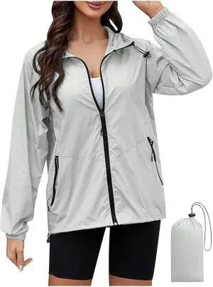 Sinzelimin Women Rain Jacket Lightweight Zip up Long Sleeves Hooded Windbreaker Jackets Raincoat with Pockets and Storage Bag