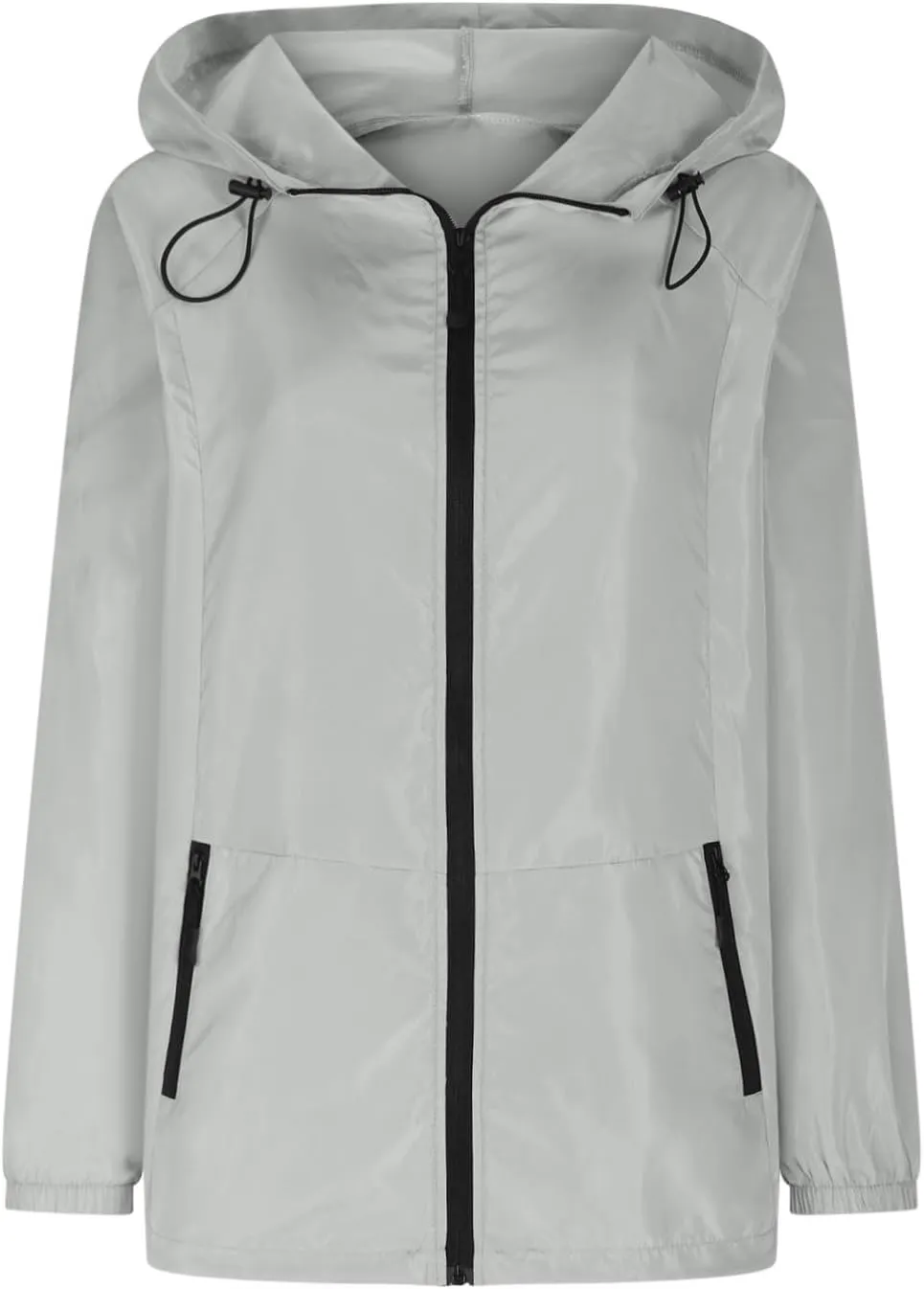 Sinzelimin Women Rain Jacket Lightweight Zip up Long Sleeves Hooded Windbreaker Jackets Raincoat with Pockets and Storage Bag