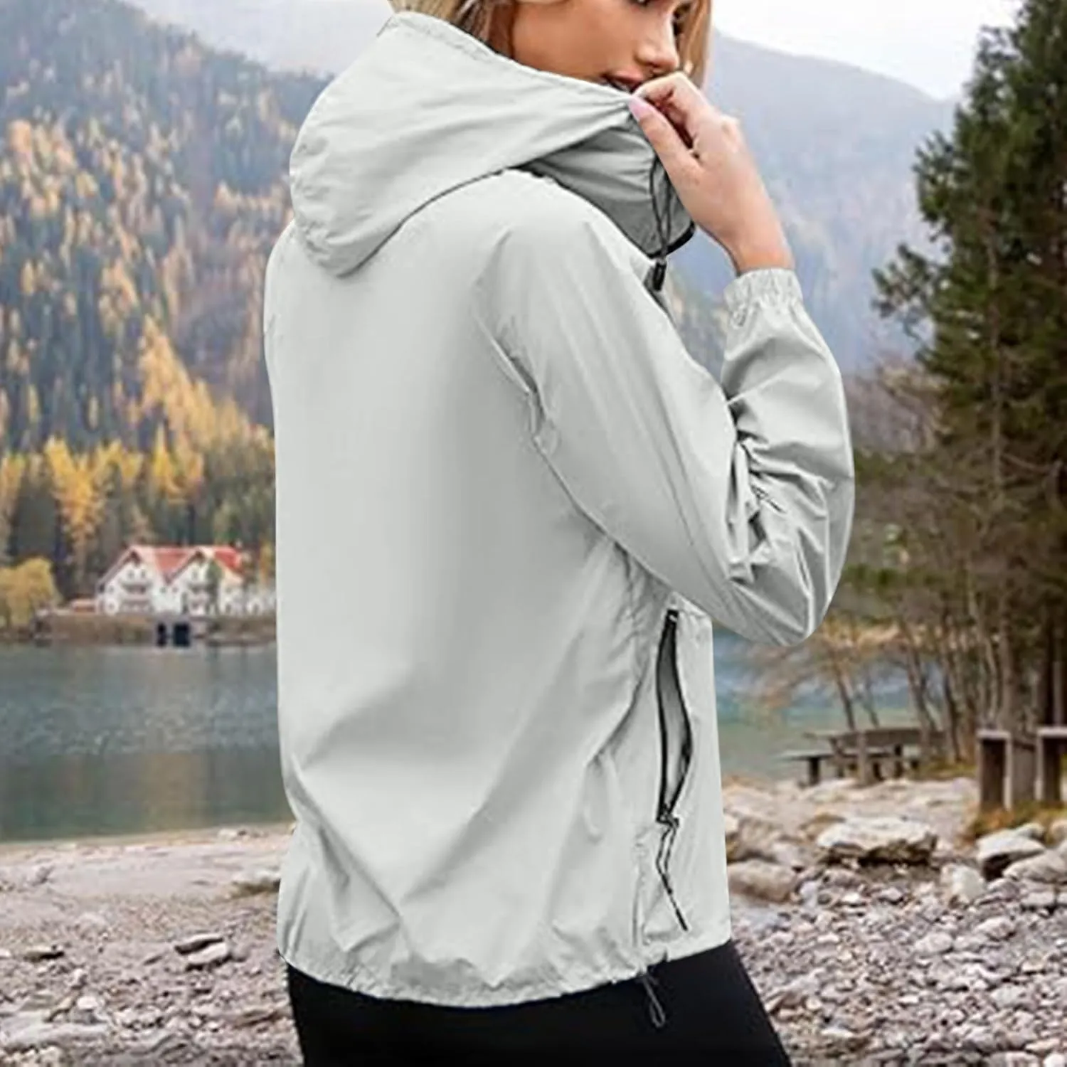 Sinzelimin Women Rain Jacket Lightweight Zip up Long Sleeves Hooded Windbreaker Jackets Raincoat with Pockets and Storage Bag