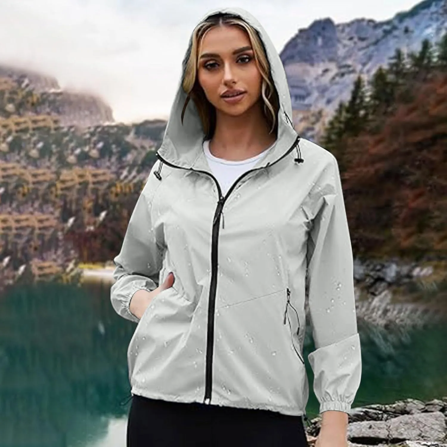 Sinzelimin Women Rain Jacket Lightweight Zip up Long Sleeves Hooded Windbreaker Jackets Raincoat with Pockets and Storage Bag