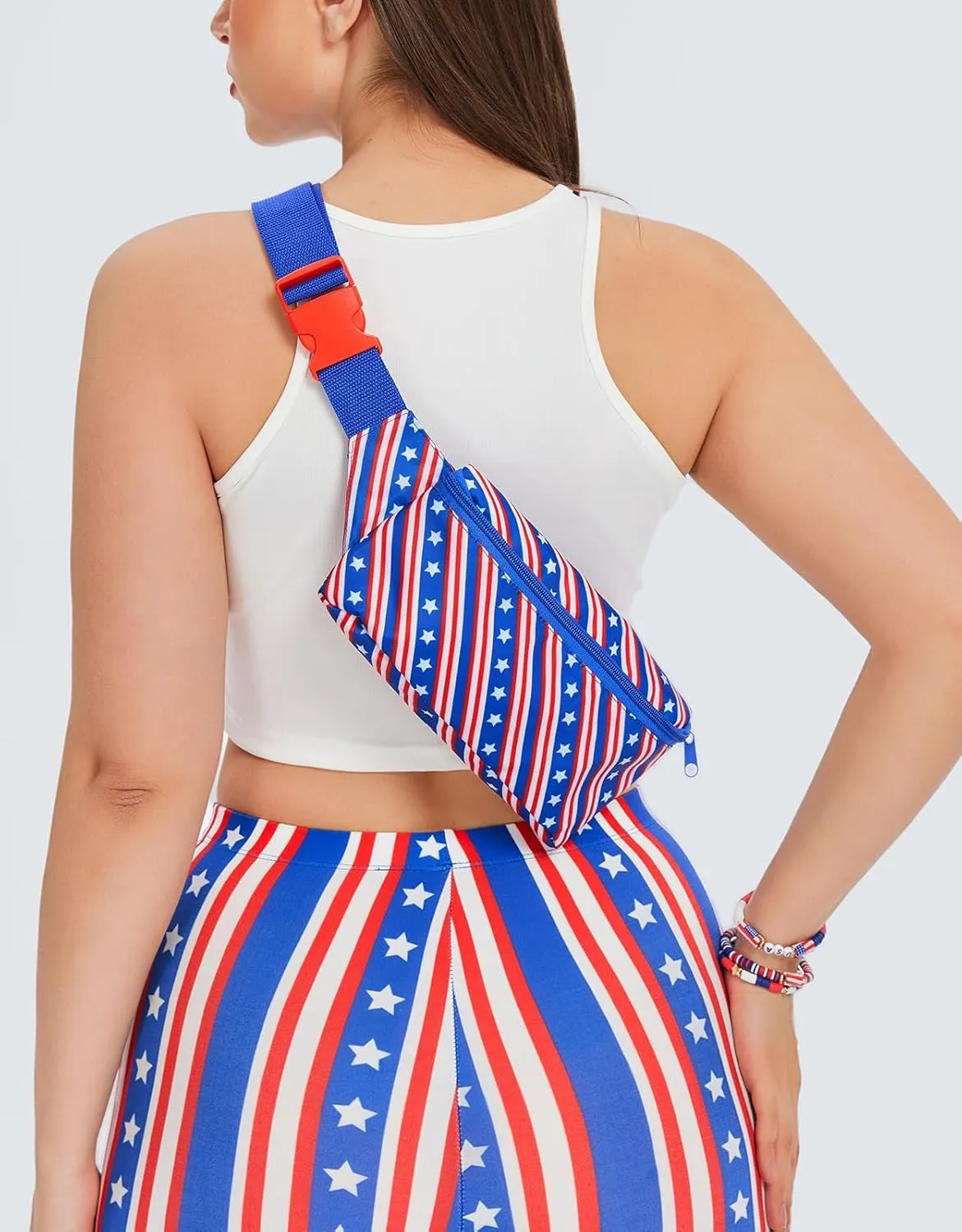 sissycos 4th of July 80s Retro Neon Fanny Pack, 90s Accessories for Women Men Waist Packs, 2 Pockets Belt Waist Crossbody Bag, American Flag Print (Liberty Diagonal)