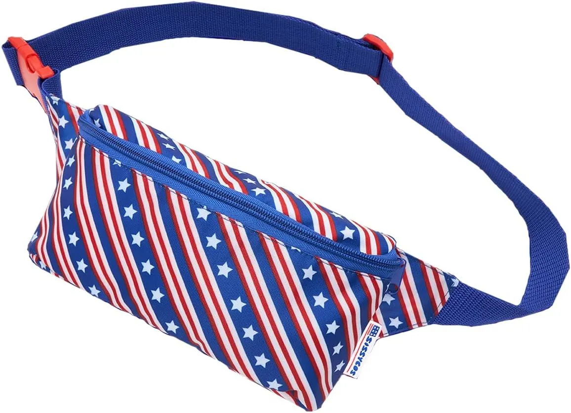 sissycos 4th of July 80s Retro Neon Fanny Pack, 90s Accessories for Women Men Waist Packs, 2 Pockets Belt Waist Crossbody Bag, American Flag Print (Liberty Diagonal)