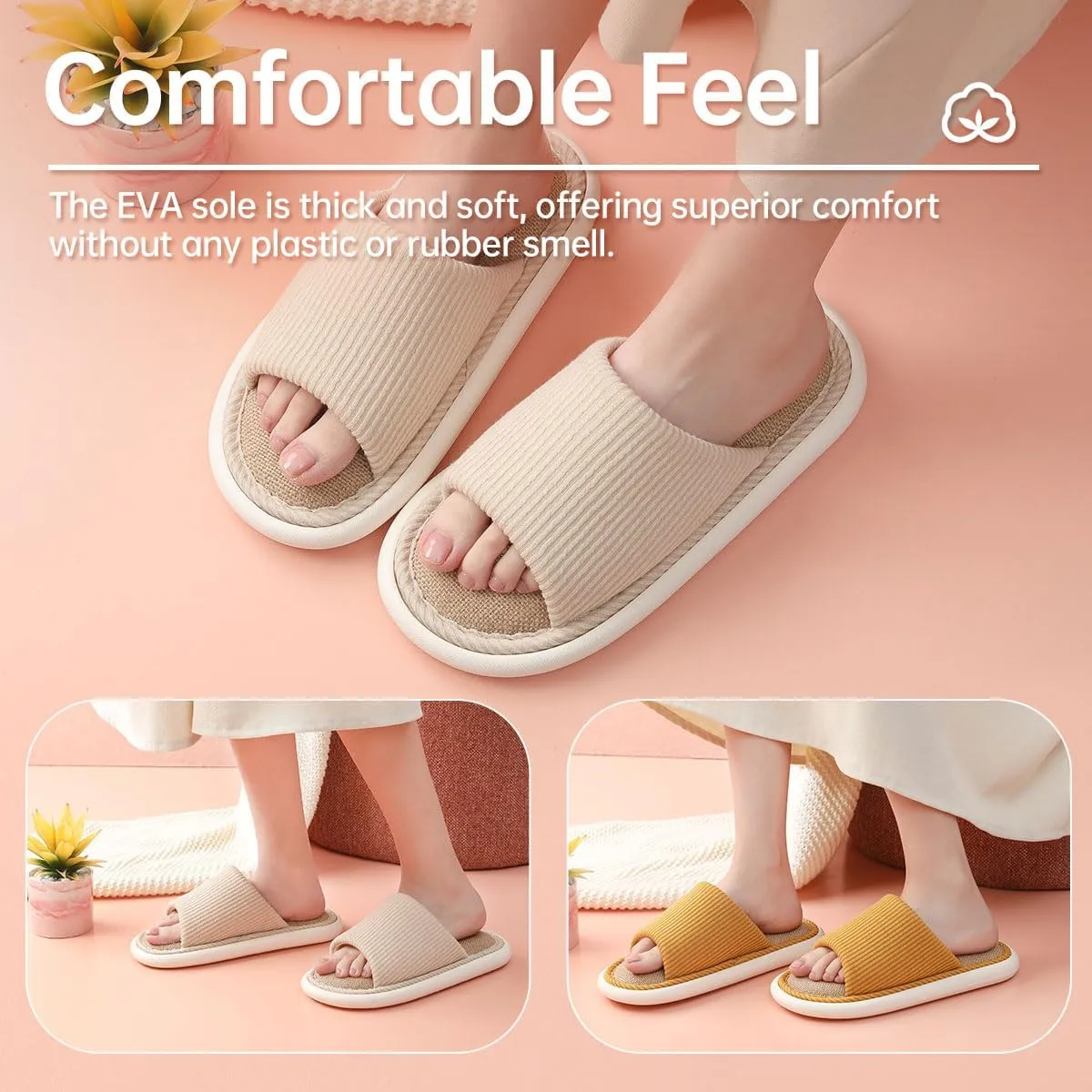 Slippers for Women Men, Cotton and Linen, Open toe, House shoes, Comfortable and breathable, all season, Pink, Blue, Grey