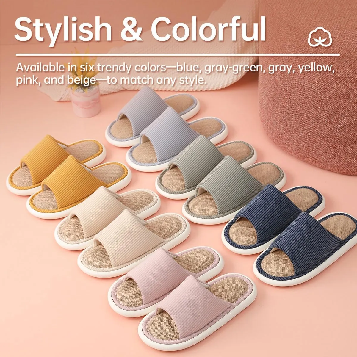Slippers for Women Men, Cotton and Linen, Open toe, House shoes, Comfortable and breathable, all season, Pink, Blue, Grey
