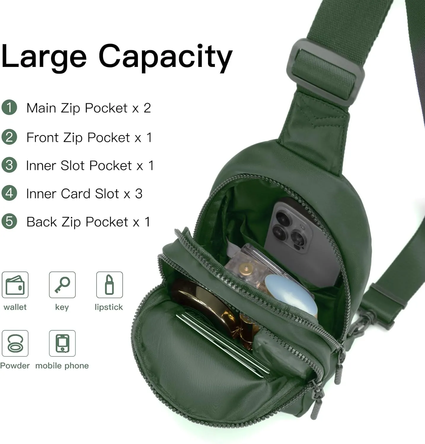 Small Sling Bag Crossbody Bag for Women with 4 Pockets Cross Body Fanny Pack Womens Chest Bag for Outdoors Traveling