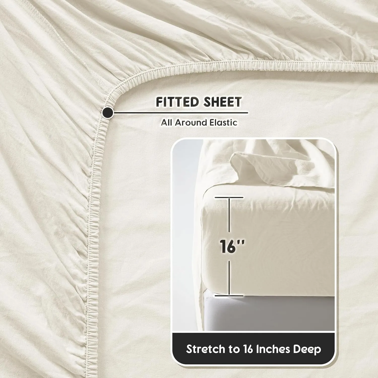 SONORO KATE 100% French Pure Linen Sheets, Breathable and Durable Line King Size Sheets, Anti-Tear Line Bed Sheets, Machine Washable, 16 Inch Deep Pocket - 4 Piece (Cream, King)