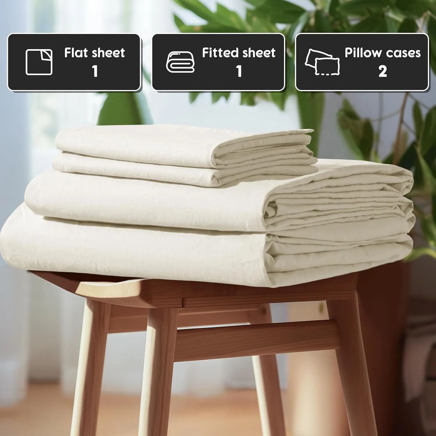 SONORO KATE 100% French Pure Linen Sheets, Breathable and Durable Line King Size Sheets, Anti-Tear Line Bed Sheets, Machine Washable, 16 Inch Deep Pocket - 4 Piece (Cream, King)