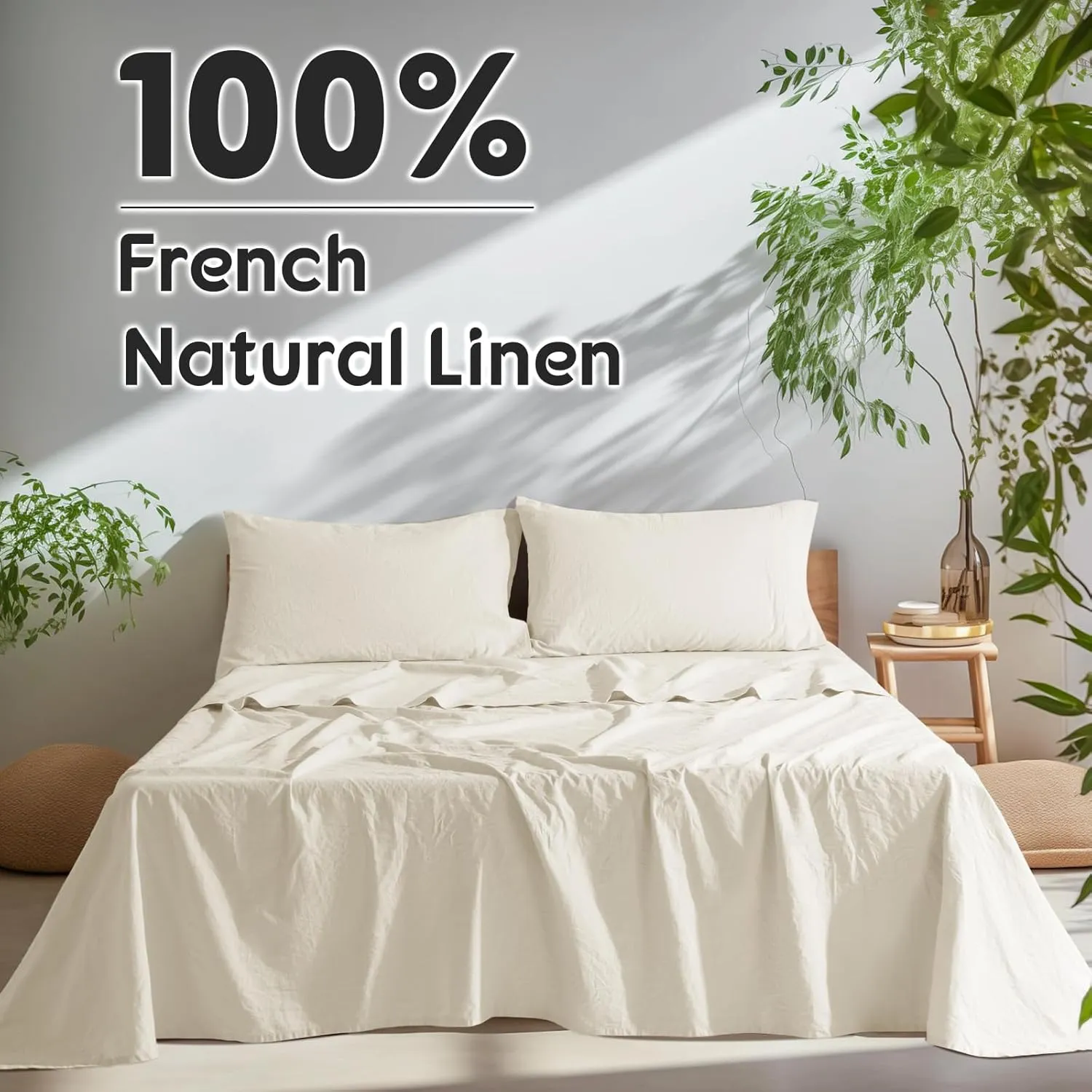 SONORO KATE 100% French Pure Linen Sheets, Breathable and Durable Line King Size Sheets, Anti-Tear Line Bed Sheets, Machine Washable, 16 Inch Deep Pocket - 4 Piece (Cream, King)