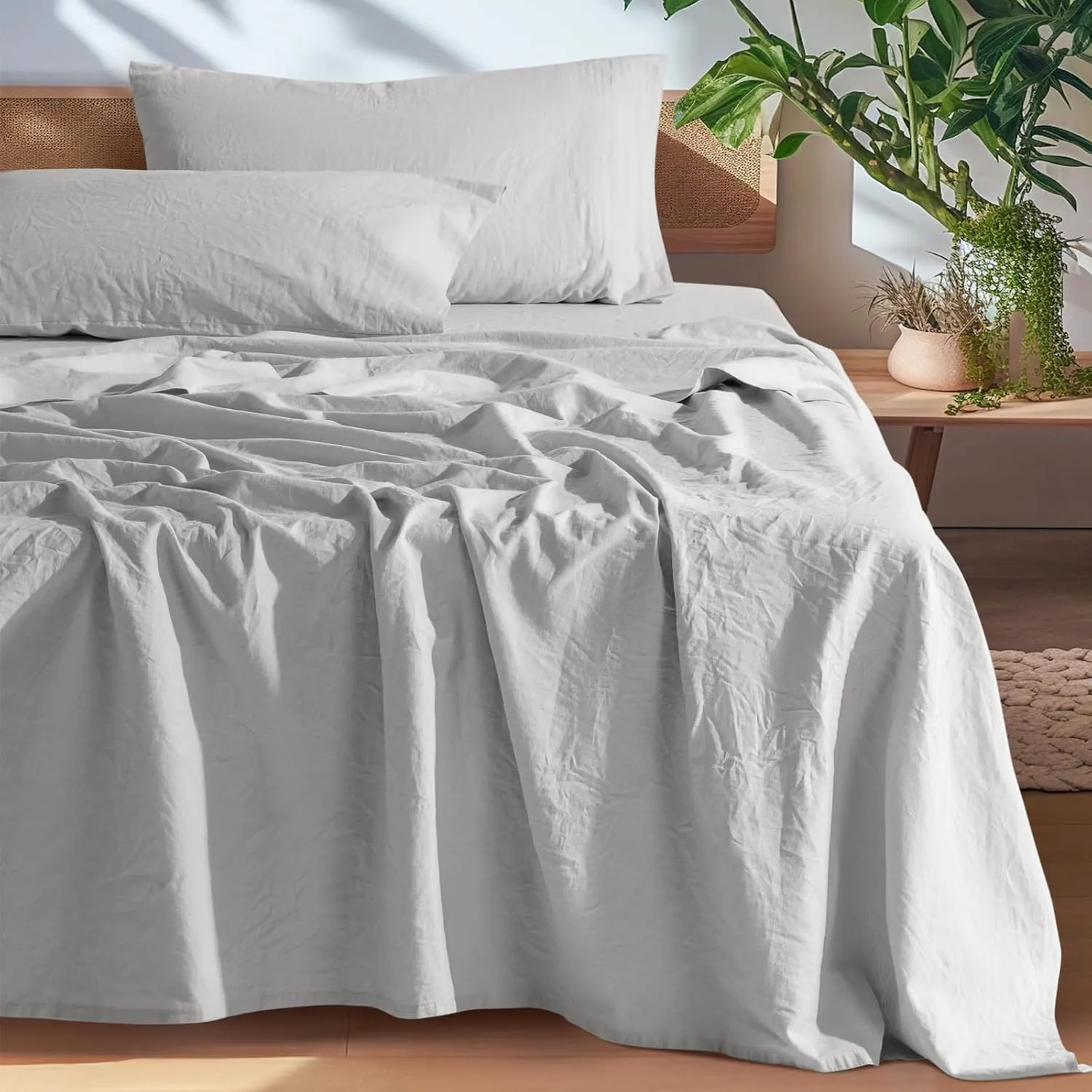 SONORO KATE 100% French Pure Linen Sheets, Breathable and Durable Line King Size Sheets, Anti-Tear Line Bed Sheets, Machine Washable, 16 Inch Deep Pocket - 4 Piece (Grey, King)