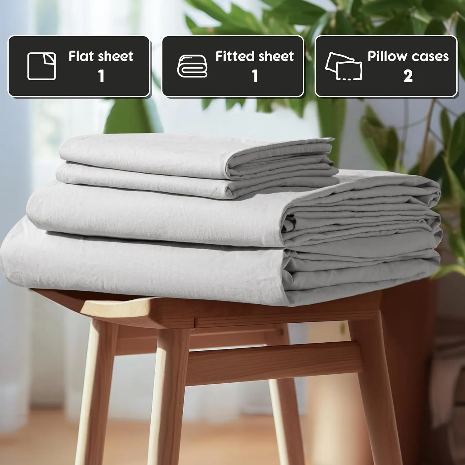 SONORO KATE 100% French Pure Linen Sheets, Breathable and Durable Line King Size Sheets, Anti-Tear Line Bed Sheets, Machine Washable, 16 Inch Deep Pocket - 4 Piece (Grey, King)