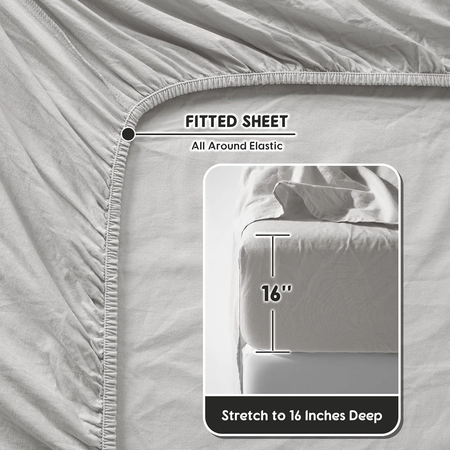 SONORO KATE 100% French Pure Linen Sheets, Breathable and Durable Line King Size Sheets, Anti-Tear Line Bed Sheets, Machine Washable, 16 Inch Deep Pocket - 4 Piece (Grey, King)