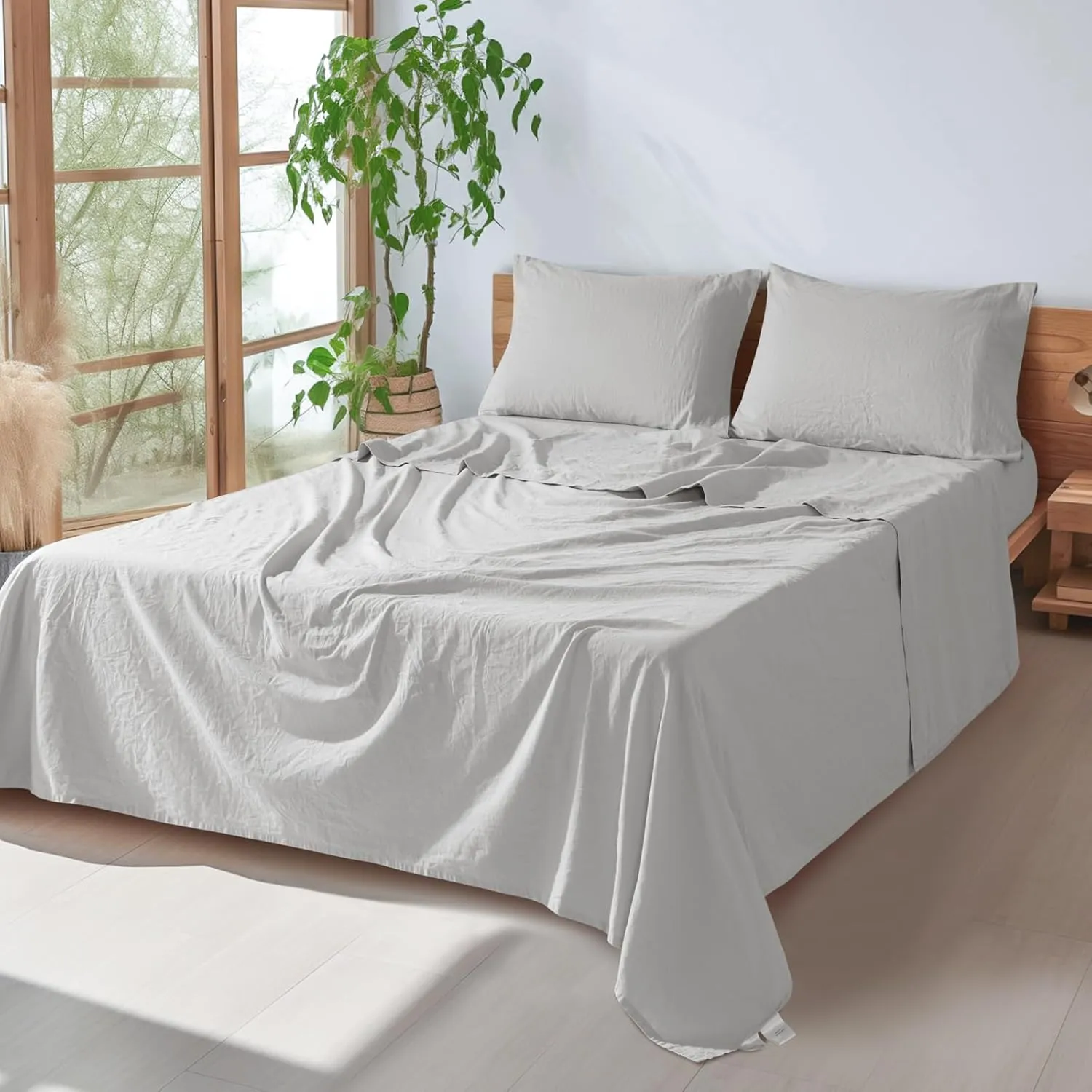 SONORO KATE 100% French Pure Linen Sheets, Breathable and Durable Line King Size Sheets, Anti-Tear Line Bed Sheets, Machine Washable, 16 Inch Deep Pocket - 4 Piece (Grey, King)