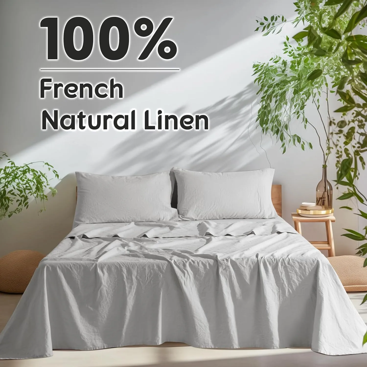 SONORO KATE 100% French Pure Linen Sheets, Breathable and Durable Line King Size Sheets, Anti-Tear Line Bed Sheets, Machine Washable, 16 Inch Deep Pocket - 4 Piece (Grey, King)