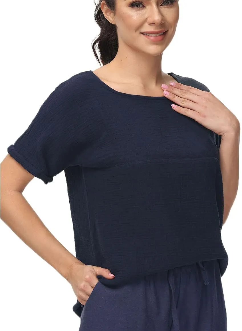 Soojun Women's Cotton Linen Round Collar Boxy Top Patchwork Blouses