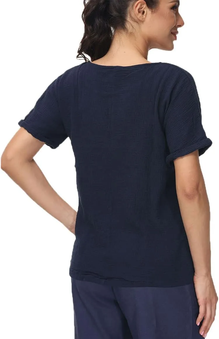 Soojun Women's Cotton Linen Round Collar Boxy Top Patchwork Blouses