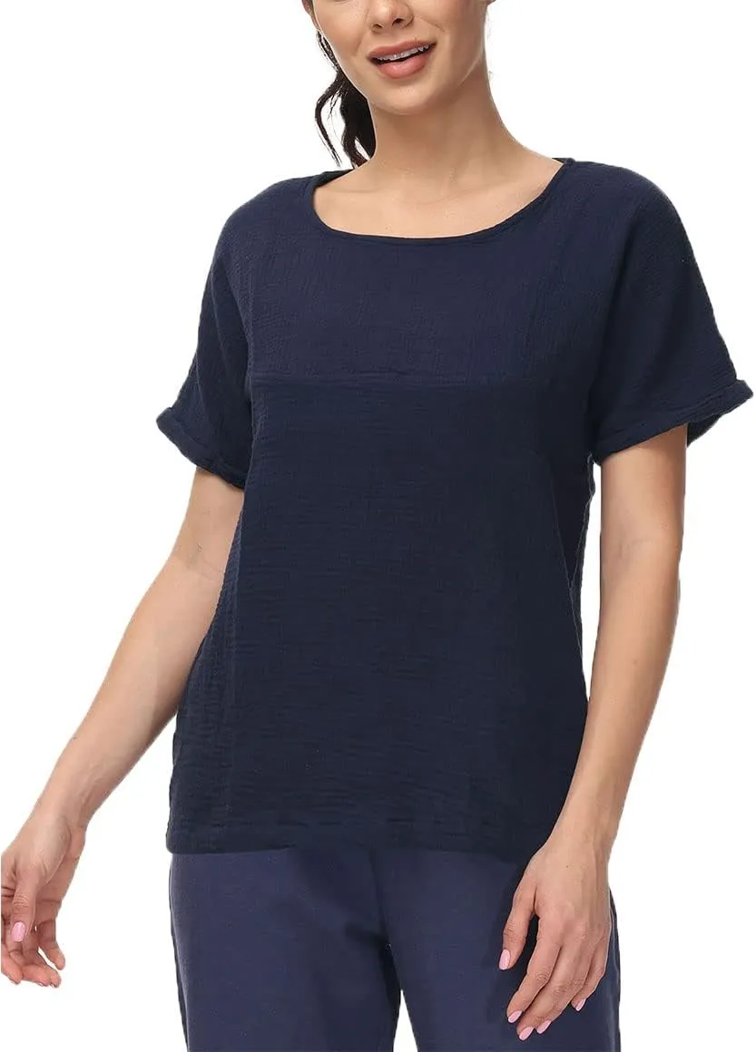 Soojun Women's Cotton Linen Round Collar Boxy Top Patchwork Blouses
