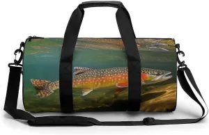 Sports Gym Bag for Men Women Brook Trout Fly Fishing Travel Gym Bag Cylindrical Workout Bag Lightweight Travel Duffle Bag for Basketball Football Weekender