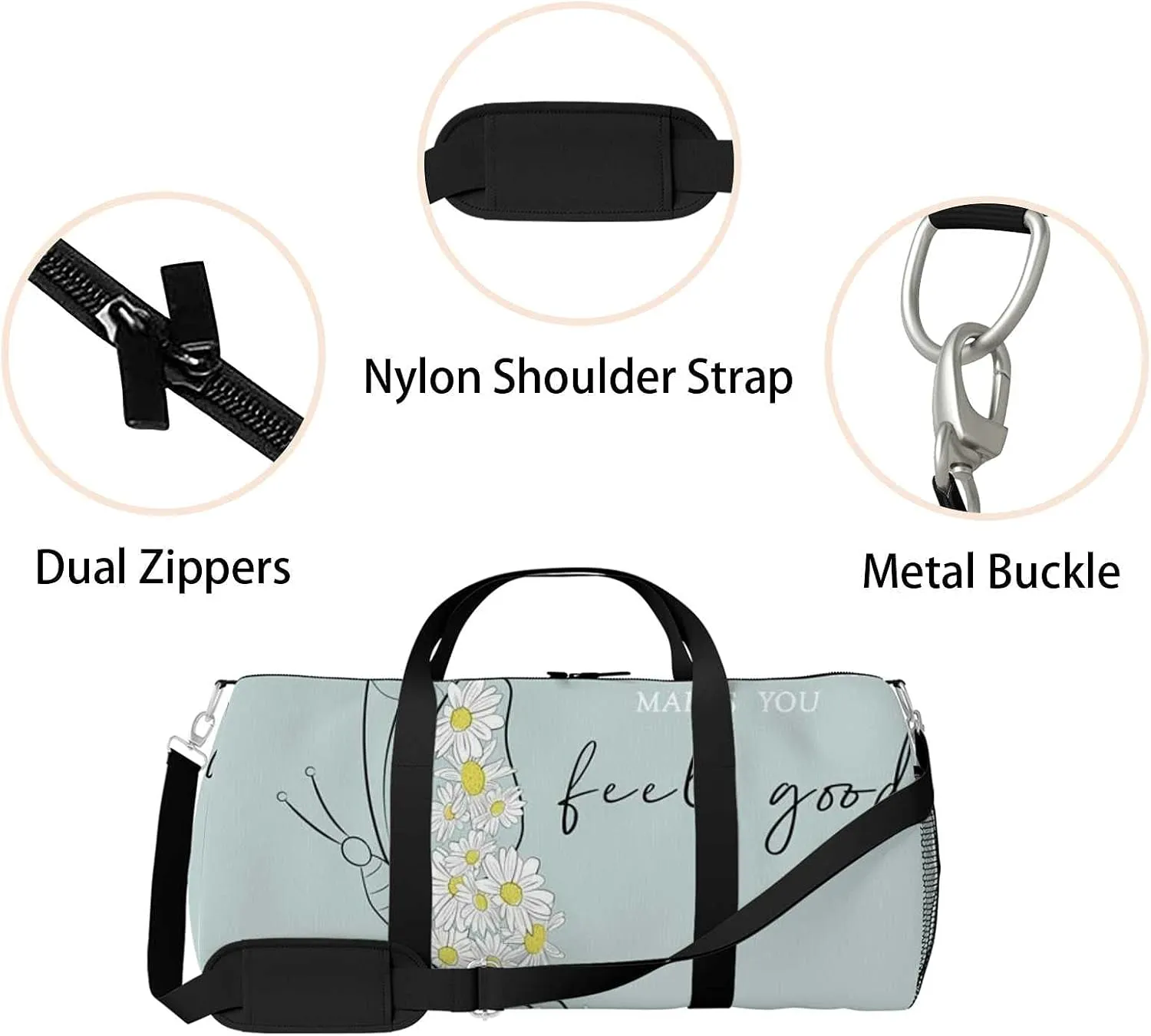 Sports Gym Bag for Women and Men Waterproof Butterfly DesignDaisies Flower Duffel Bag Lightweight Carryon Traveling Boarding Gripsack