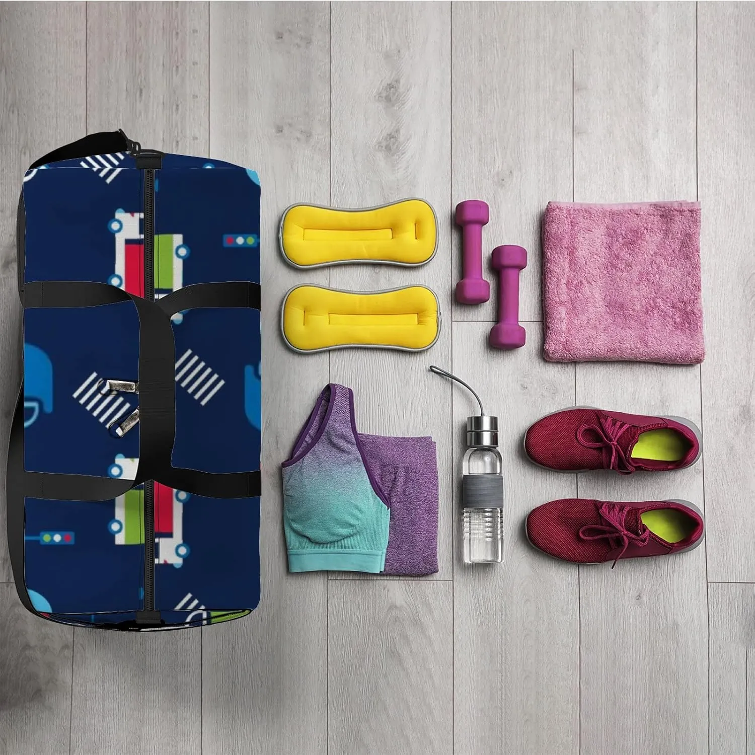 Sports Gym Bag for Women and Men Waterproof Childish Pattern Cartoon Dump Trucks Red Blue Green Duffel Bag Lightweight Carryon Traveling Boarding Gripsack